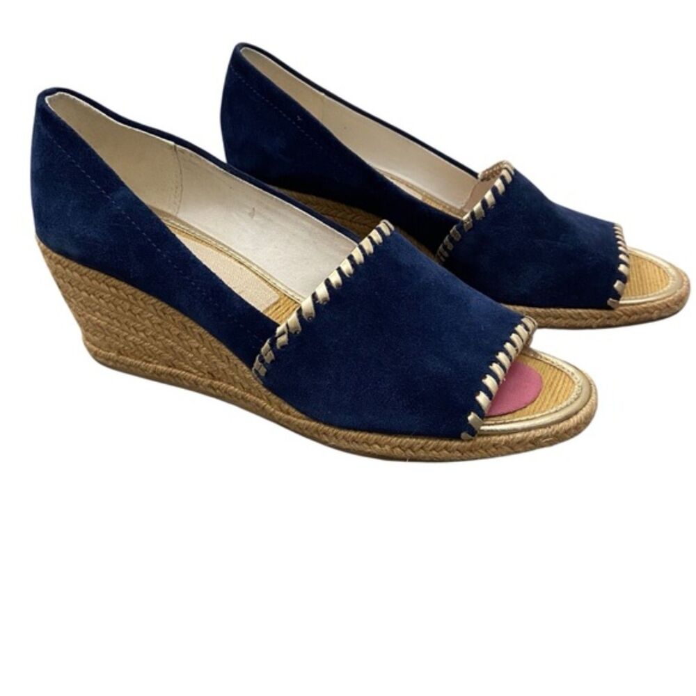 Jack Rogers Palmer Espadrille Peep Toe Wedge Navy Blue Faux Suede Size 9M